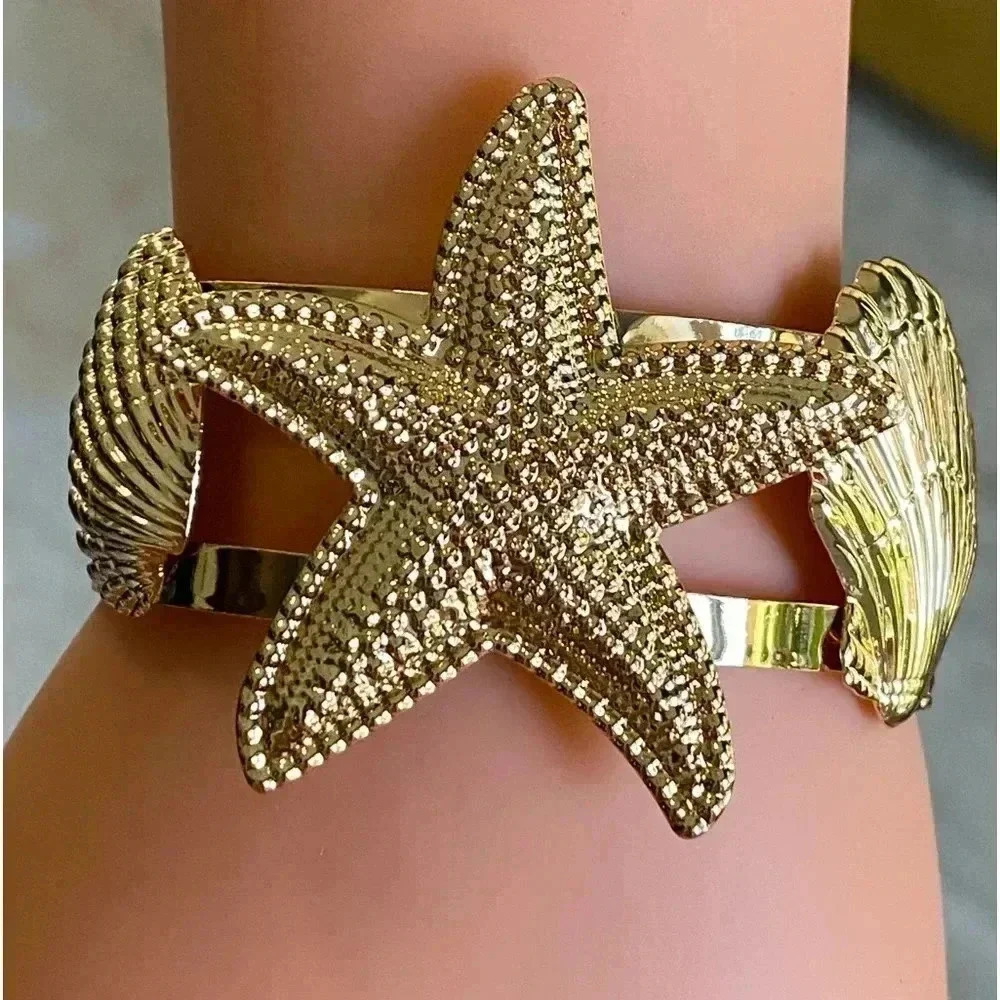 Beach Seashell Starfish Tropical Ocean Gold Tone Cuff Bracelet Bangle NEW